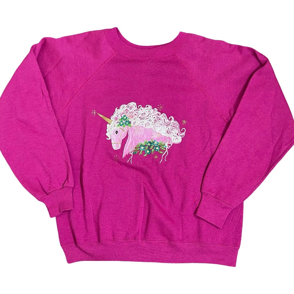 Vintage Pink Puffy Paint Unicorn Pullover Sweatshirt L 1980s Fantasy 50/50 Hanes
